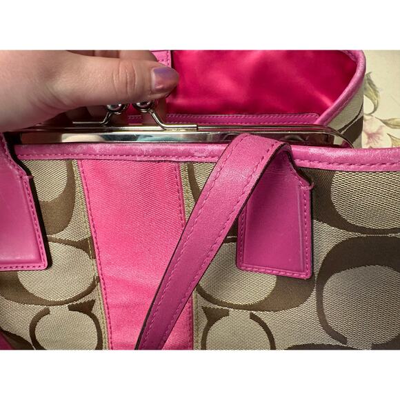 Y2K Coach Kisslock Shoulder Bag Signature Canvas Pink & Brown